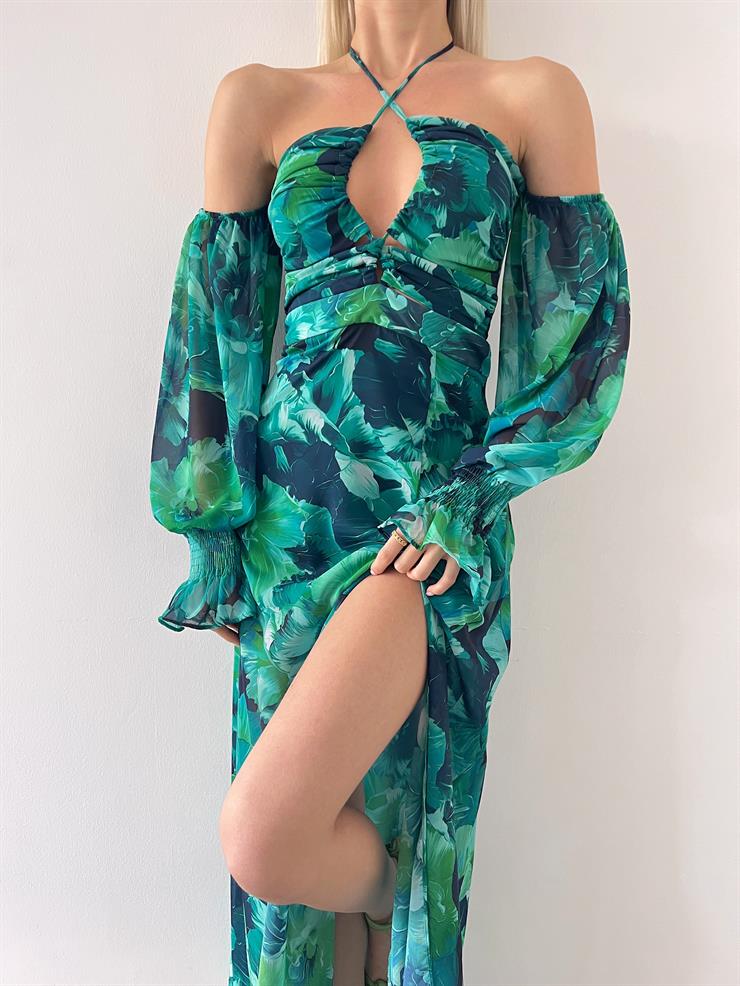 Şifon Boyundan Bağlamalı Desenli Düşük Kol Yırtmaçlı Sister Kadın Yeşil Elbise 22Y000395