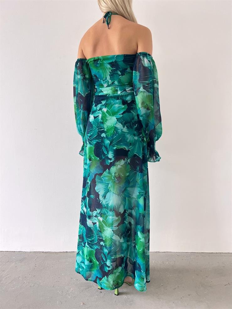 Şifon Boyundan Bağlamalı Desenli Düşük Kol Yırtmaçlı Sister Kadın Yeşil Elbise 22Y000395