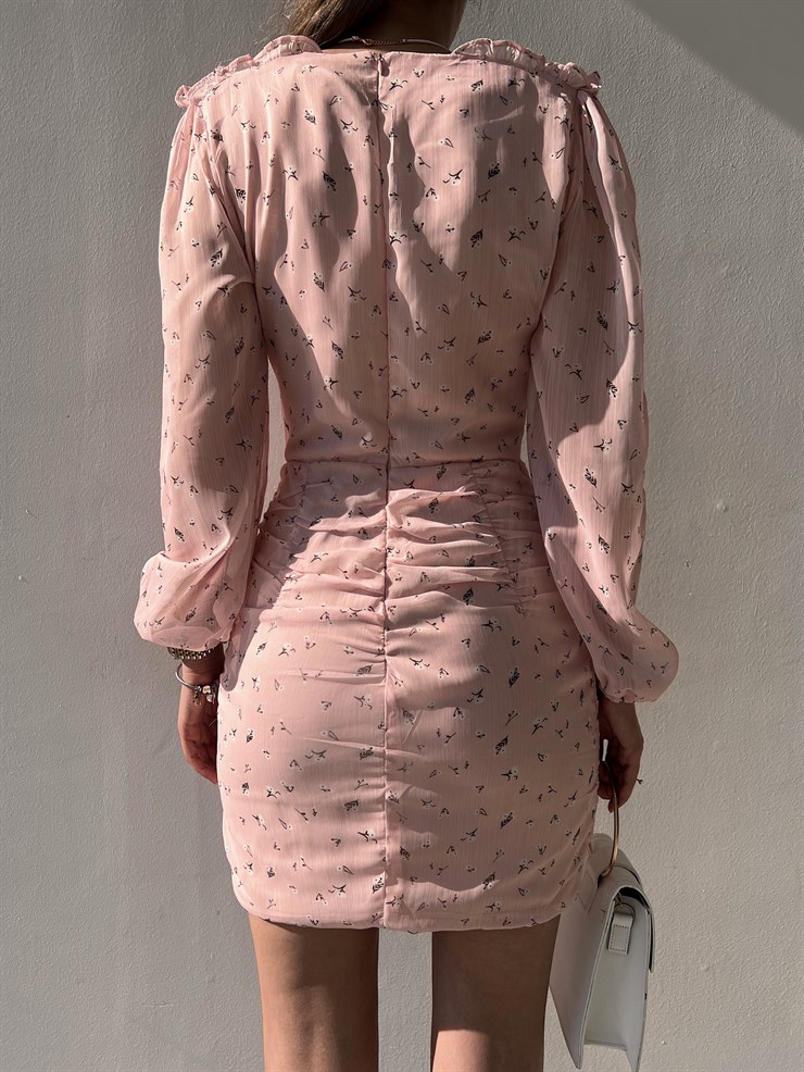 Şifon Çiçekli Önü Bağcık Detay Oscar Kadın Pudra Mini Elbise 22Y000139