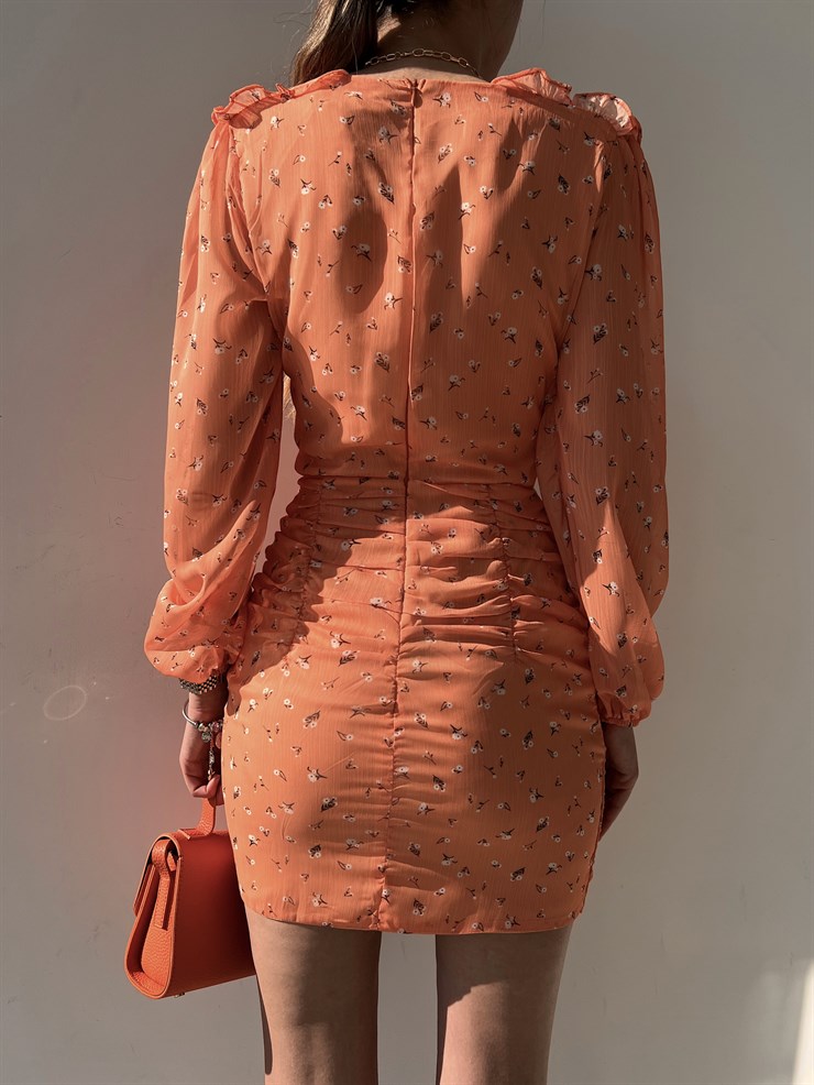 Şifon Çiçekli Önü Bağcık Detay Oscar Kadın Turuncu Mini Elbise 22Y000139