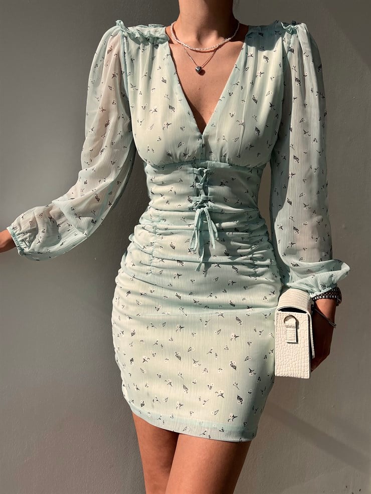 Şifon Çiçekli Önü Bağcık Detay Oscar Kadın Mint Renk Mini Elbise 22Y000139