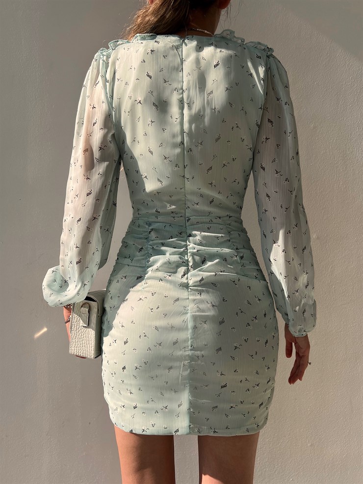 Şifon Çiçekli Önü Bağcık Detay Oscar Kadın Mint Renk Mini Elbise 22Y000139