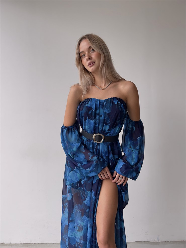 Şifon Çift Yırtmaçlı Göğüs Kuplu Lorenz Kadın Mavi Uzun Elbise 22Y000493