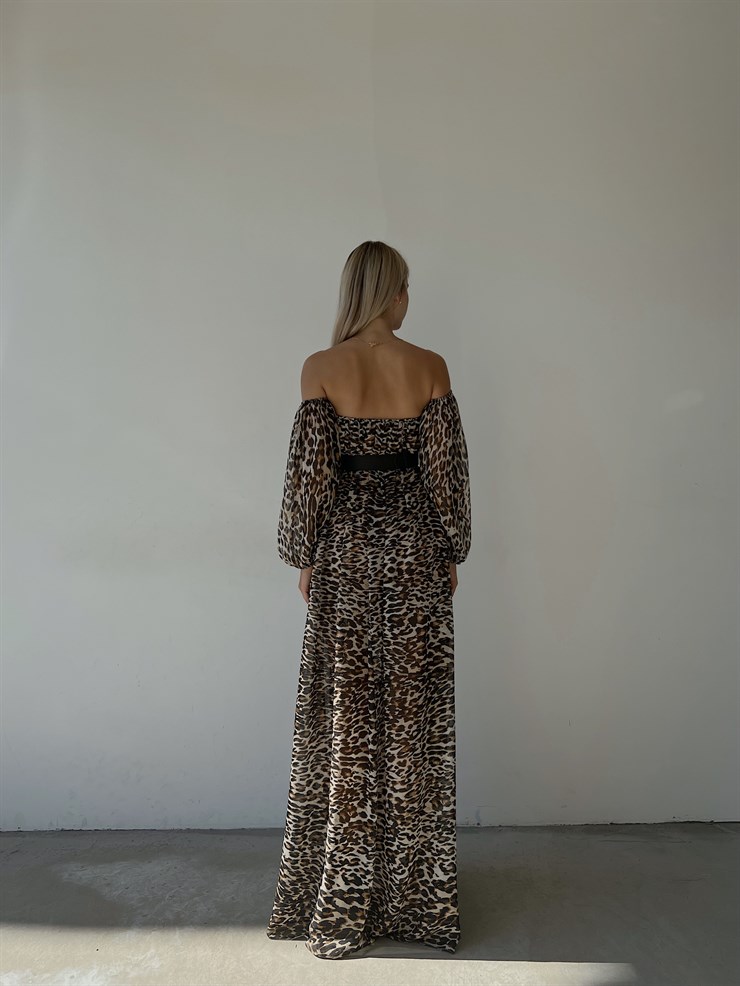 Şifon Çift Yırtmaçlı Göğüs Kuplu Lorenz Kadın Leopar Uzun Elbise 22Y000493