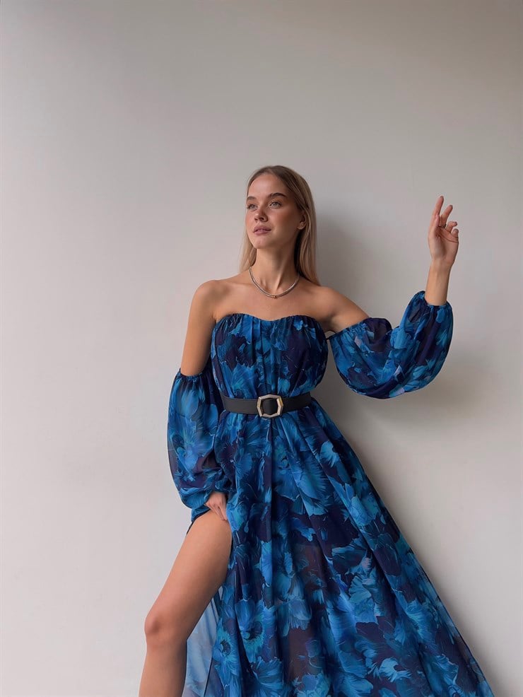 Şifon Çift Yırtmaçlı Göğüs Kuplu Lorenz Kadın Mavi Uzun Elbise 22Y000493