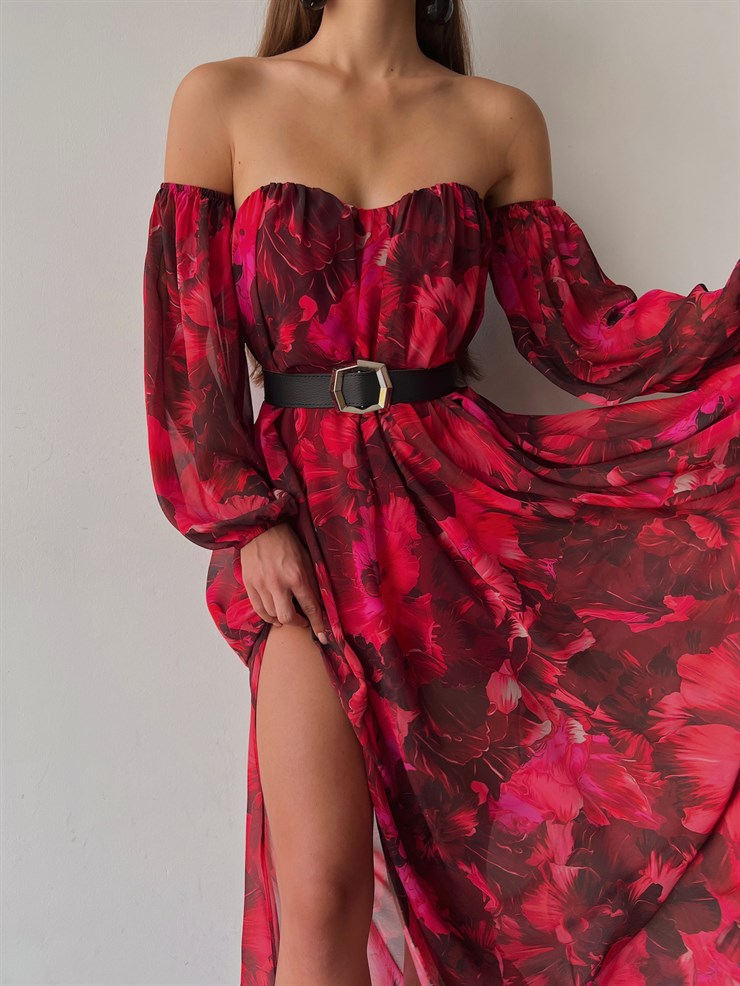 Şifon Çift Yırtmaçlı Göğüs Kuplu Lorenz Kadın Bordo Uzun Elbise 22Y000493