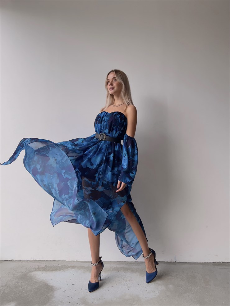 Şifon Çift Yırtmaçlı Göğüs Kuplu Lorenz Kadın Mavi Uzun Elbise 22Y000493