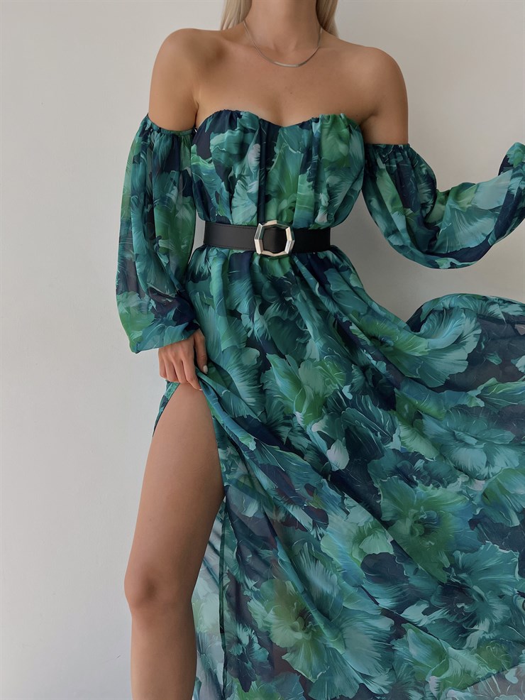 Şifon Çift Yırtmaçlı Göğüs Kuplu Lorenz Kadın Renkli Uzun Elbise 22Y000493