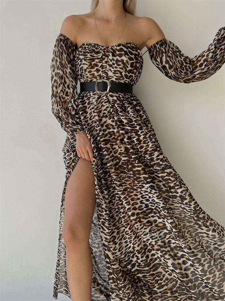 Şifon Çift Yırtmaçlı Göğüs Kuplu Lorenz Kadın Leopar Uzun Elbise 22Y000493