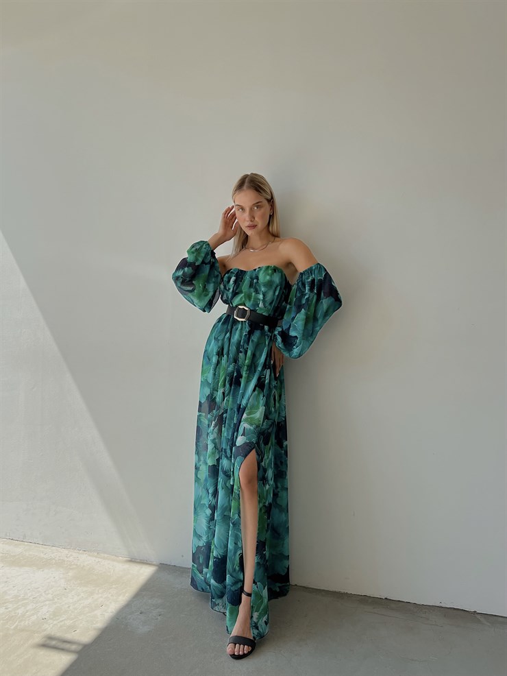 Şifon Çift Yırtmaçlı Göğüs Kuplu Lorenz Kadın Renkli Uzun Elbise 22Y000493