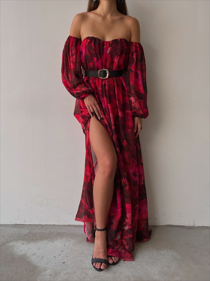 Şifon Çift Yırtmaçlı Göğüs Kuplu Lorenz Kadın Bordo Uzun Elbise 22Y000493