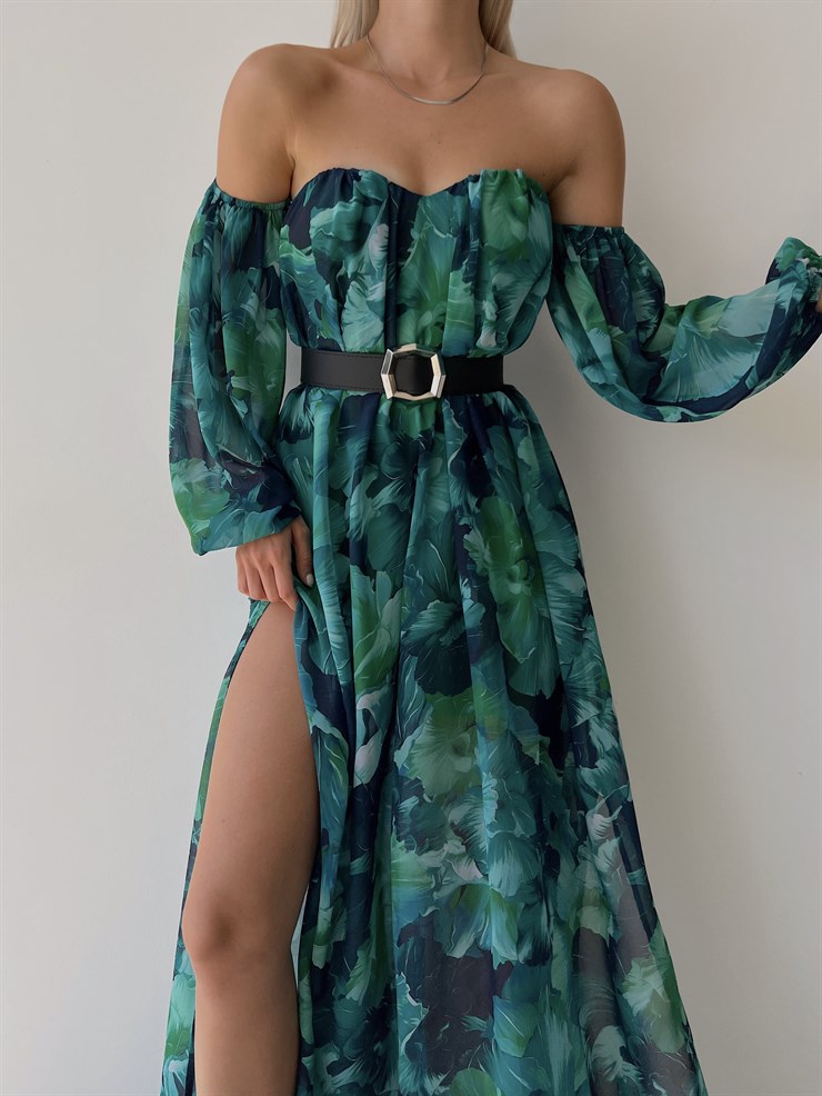 Şifon Çift Yırtmaçlı Göğüs Kuplu Lorenz Kadın Renkli Uzun Elbise 22Y000493