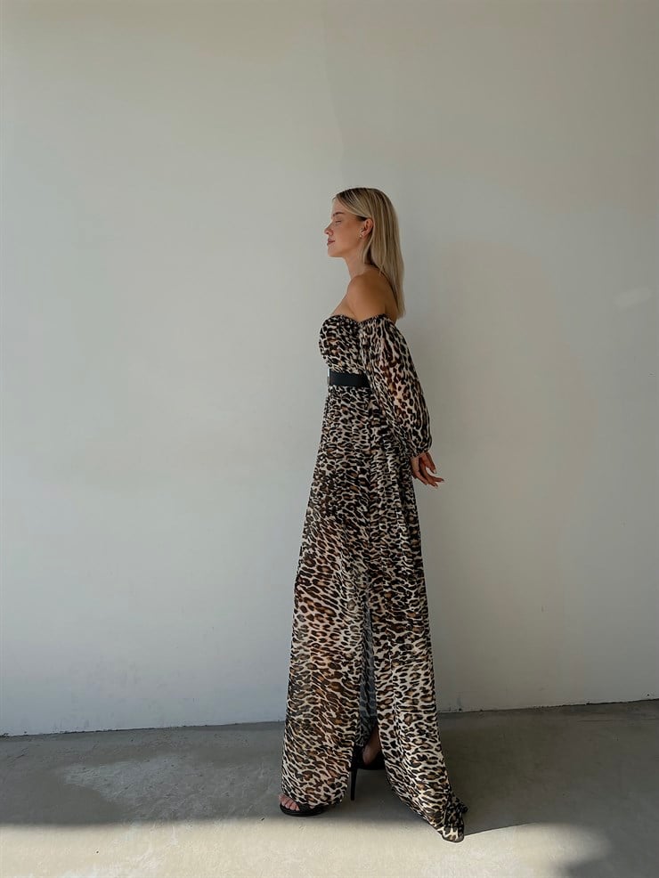 Şifon Çift Yırtmaçlı Göğüs Kuplu Lorenz Kadın Leopar Uzun Elbise 22Y000493