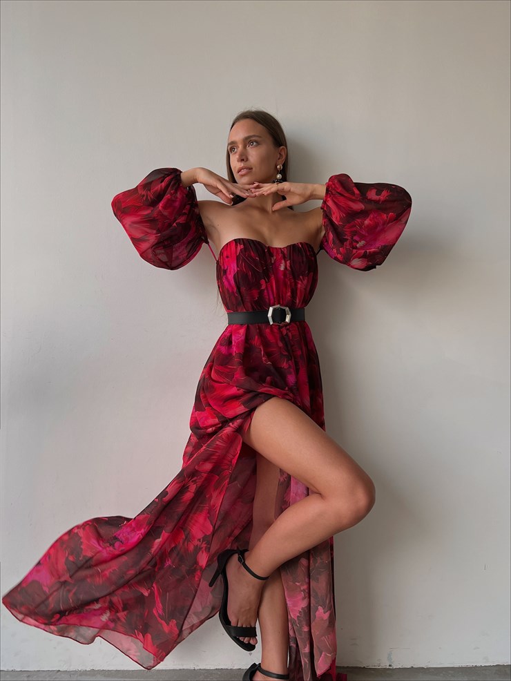 Şifon Çift Yırtmaçlı Göğüs Kuplu Lorenz Kadın Bordo Uzun Elbise 22Y000493