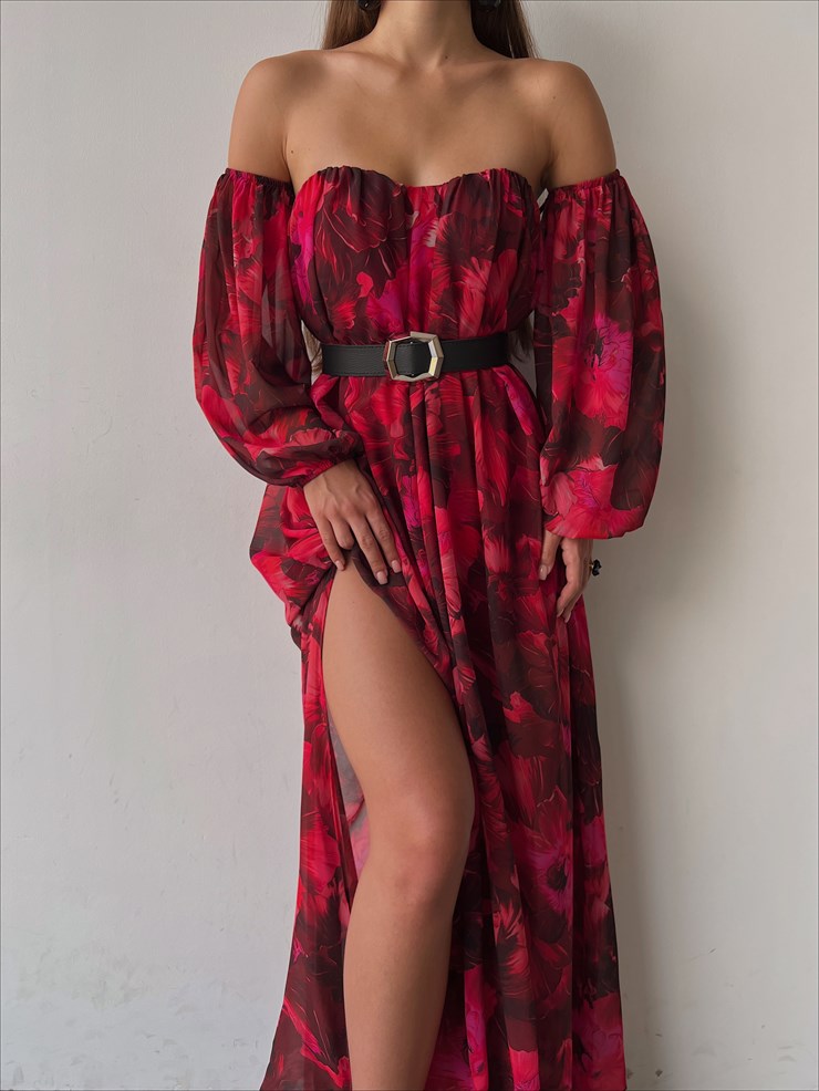 Şifon Çift Yırtmaçlı Göğüs Kuplu Lorenz Kadın Bordo Uzun Elbise 22Y000493