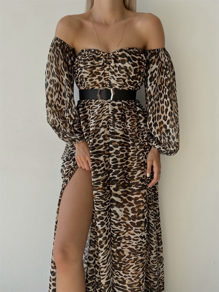 Şifon Çift Yırtmaçlı Göğüs Kuplu Lorenz Kadın Leopar Uzun Elbise 22Y000493
