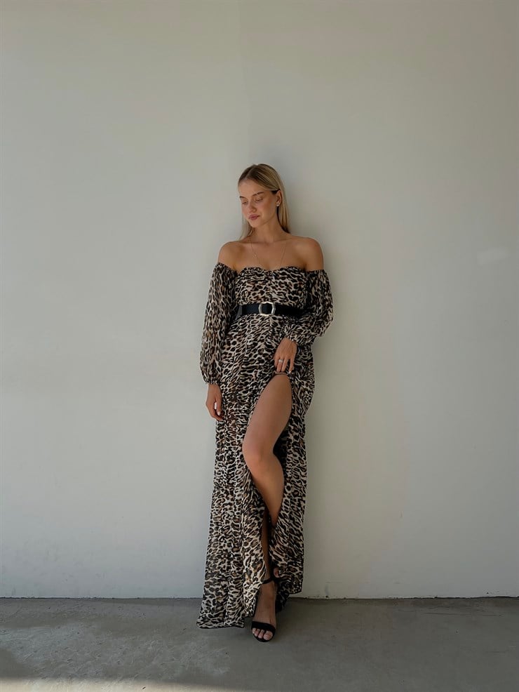 Şifon Çift Yırtmaçlı Göğüs Kuplu Lorenz Kadın Leopar Uzun Elbise 22Y000493