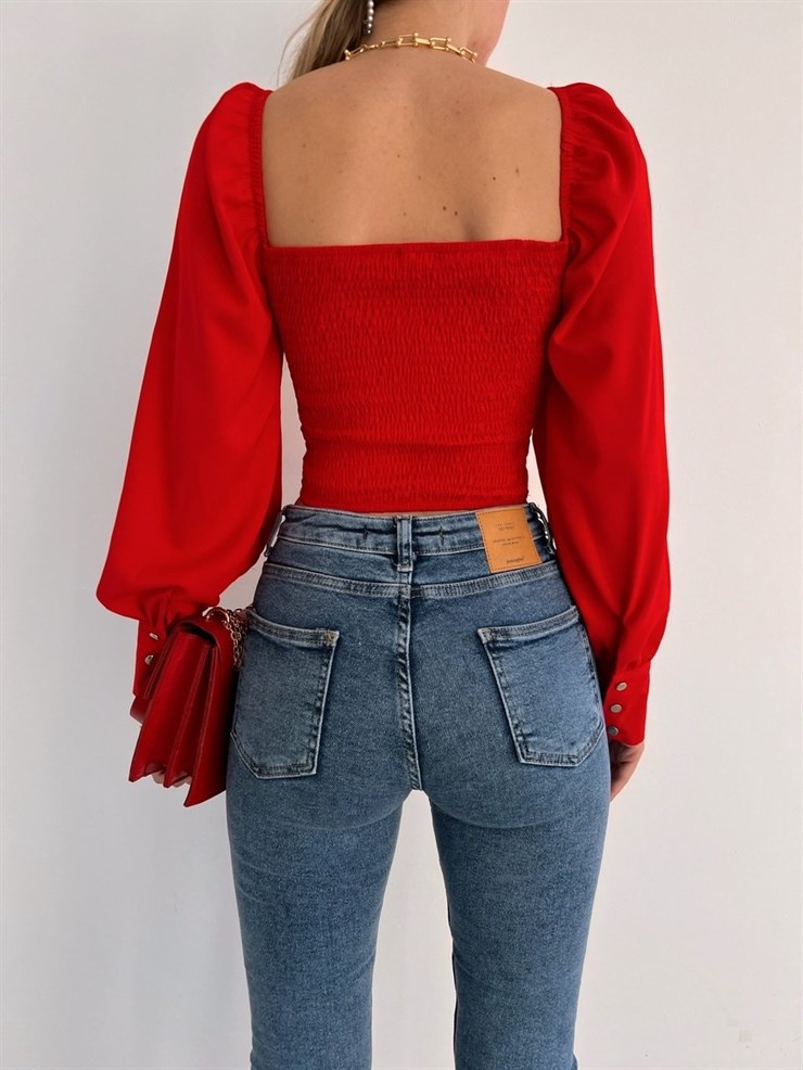 Şifon Göğüs Kuplu  Drapeli Kısa Kadın Kırmızı Bluz 22K000451