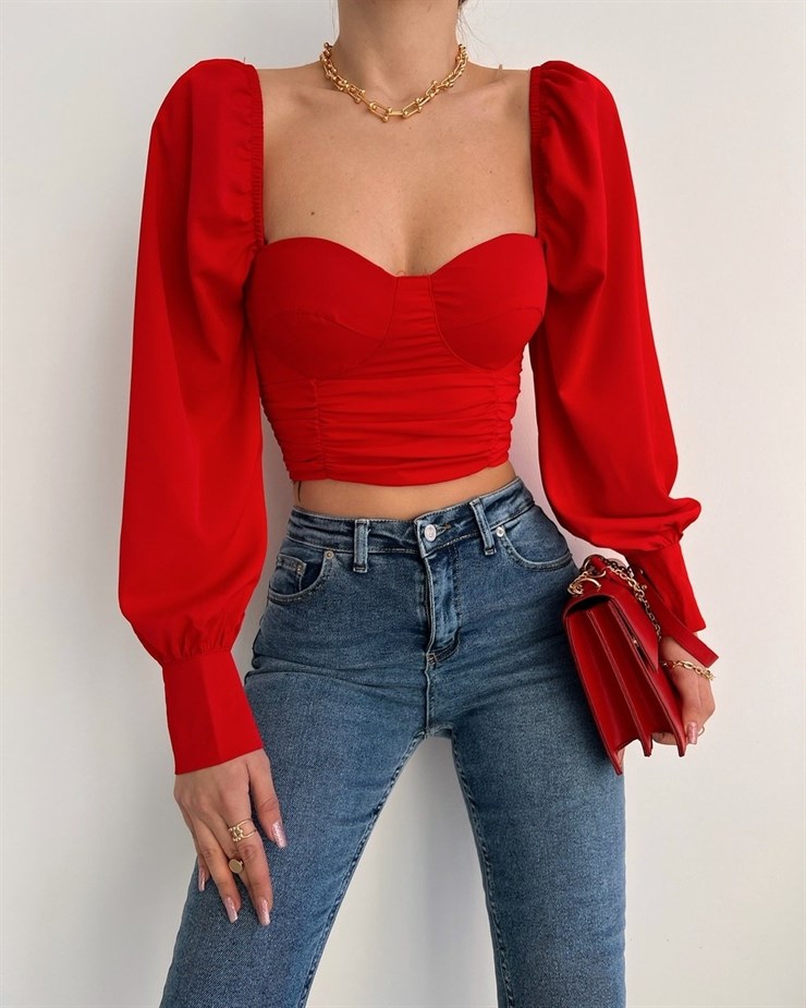 Şifon Göğüs Kuplu  Drapeli Kısa Kadın Kırmızı Bluz 22K000451