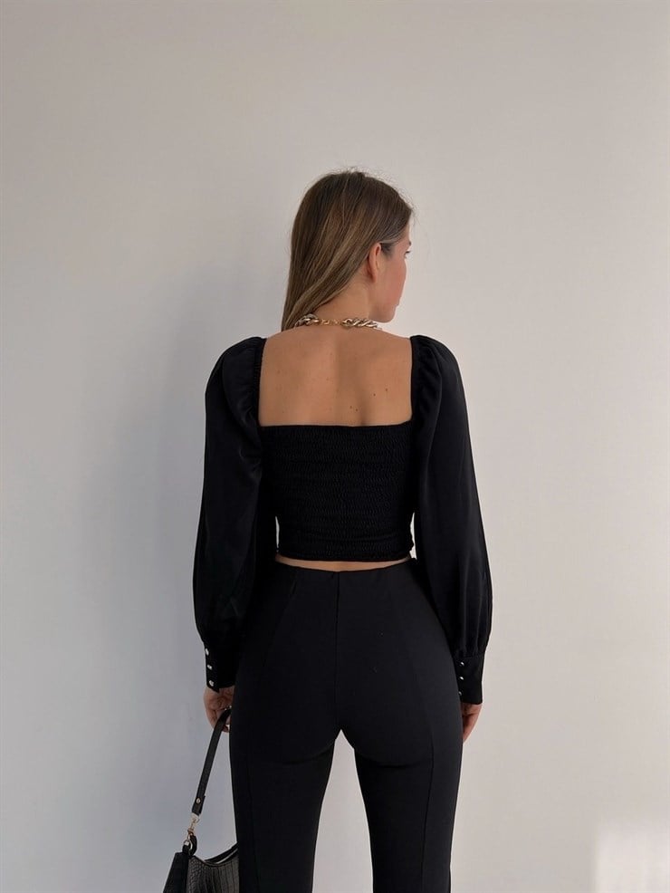 Şifon Göğüs Kuplu  Drapeli Kısa Kadın Siyah Bluz 22K000451