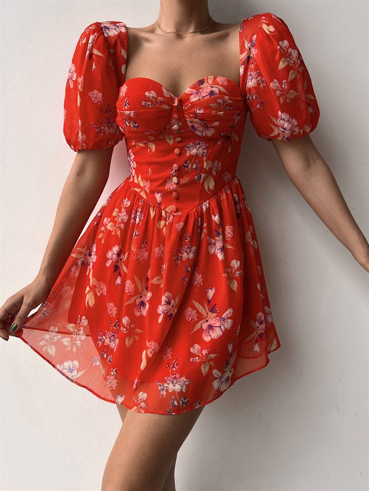 Şifon Kalp Yaka Düğme Detaylı Spiros Kadın Turuncu Mini Elbise 22Y000320