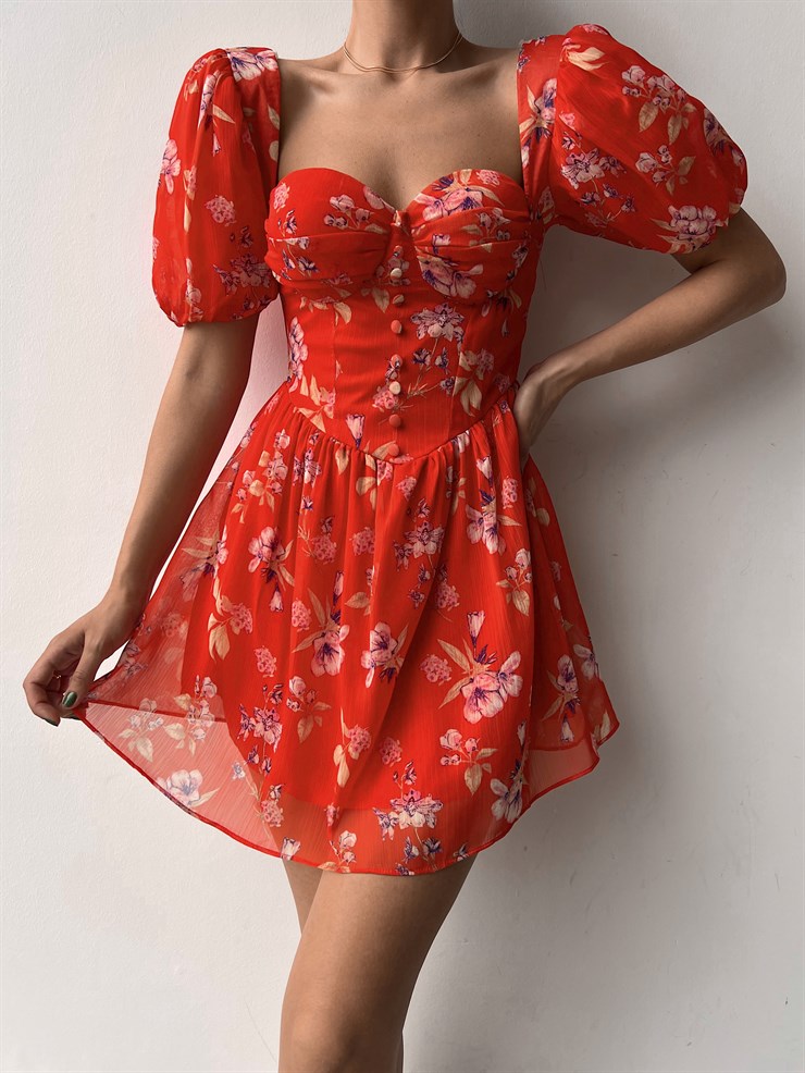 Şifon Kalp Yaka Düğme Detaylı Spiros Kadın Turuncu Mini Elbise 22Y000320