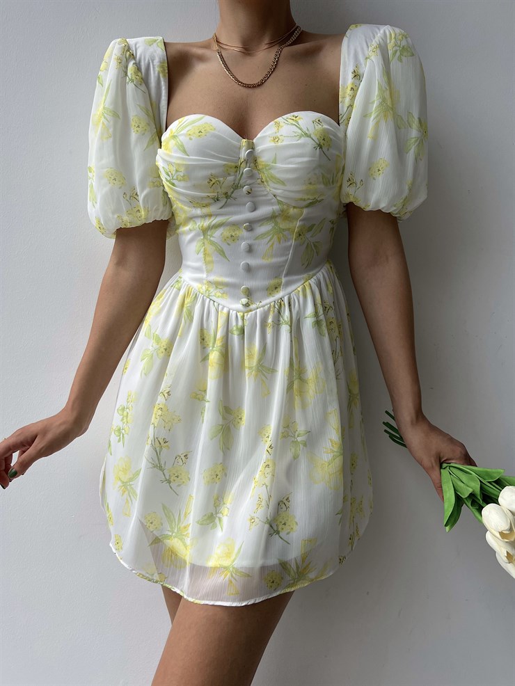 Şifon Kalp Yaka Düğme Detaylı Spiros Kadın Yeşil Mini Elbise 22Y000320