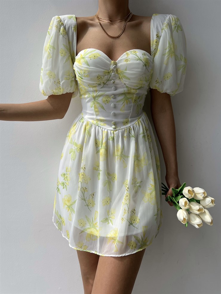 Şifon Kalp Yaka Düğme Detaylı Spiros Kadın Yeşil Mini Elbise 22Y000320