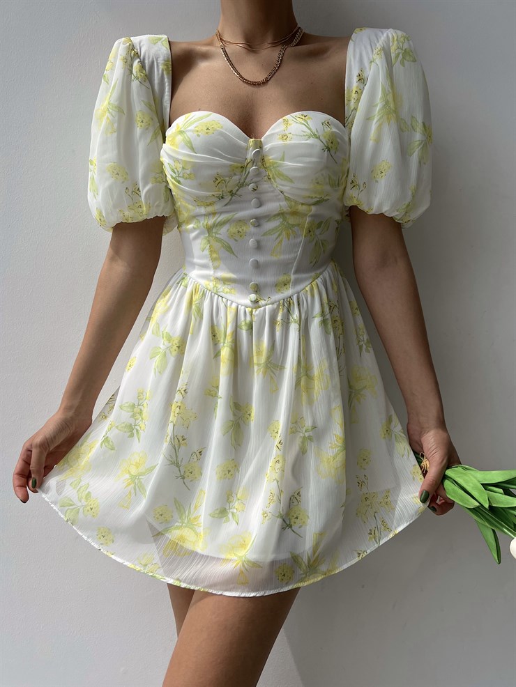 Şifon Kalp Yaka Düğme Detaylı Spiros Kadın Yeşil Mini Elbise 22Y000320