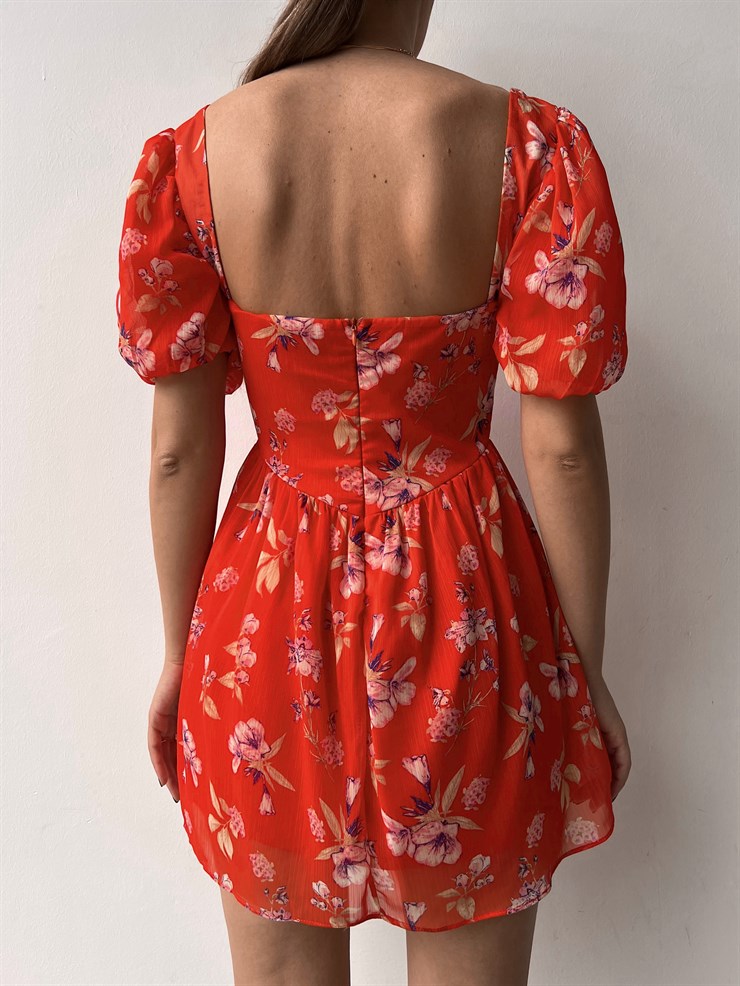 Şifon Kalp Yaka Düğme Detaylı Spiros Kadın Turuncu Mini Elbise 22Y000320