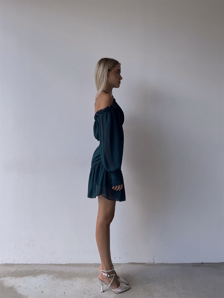 Şifon Omuz Ve Göğüs Dekolteli Volanlı Olimpio Kadın Petrol Mini Elbise 22Y000501