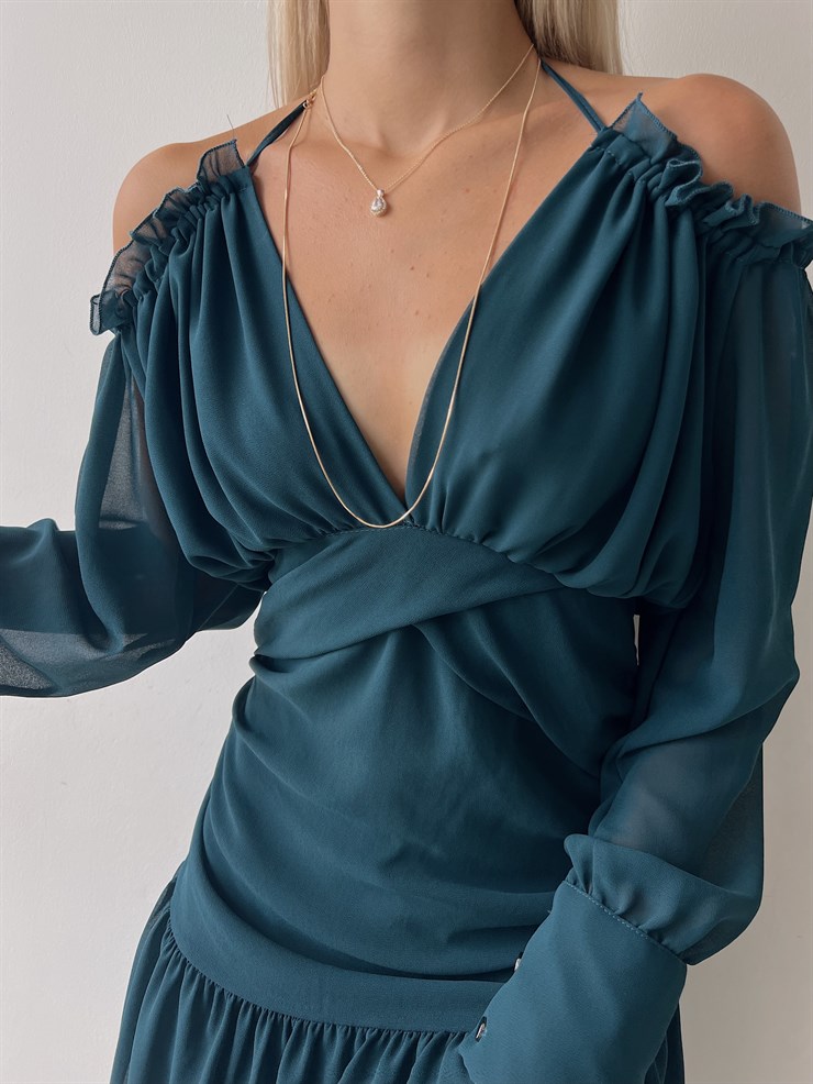 Şifon Omuz Ve Göğüs Dekolteli Volanlı Olimpio Kadın Petrol Mini Elbise 22Y000501