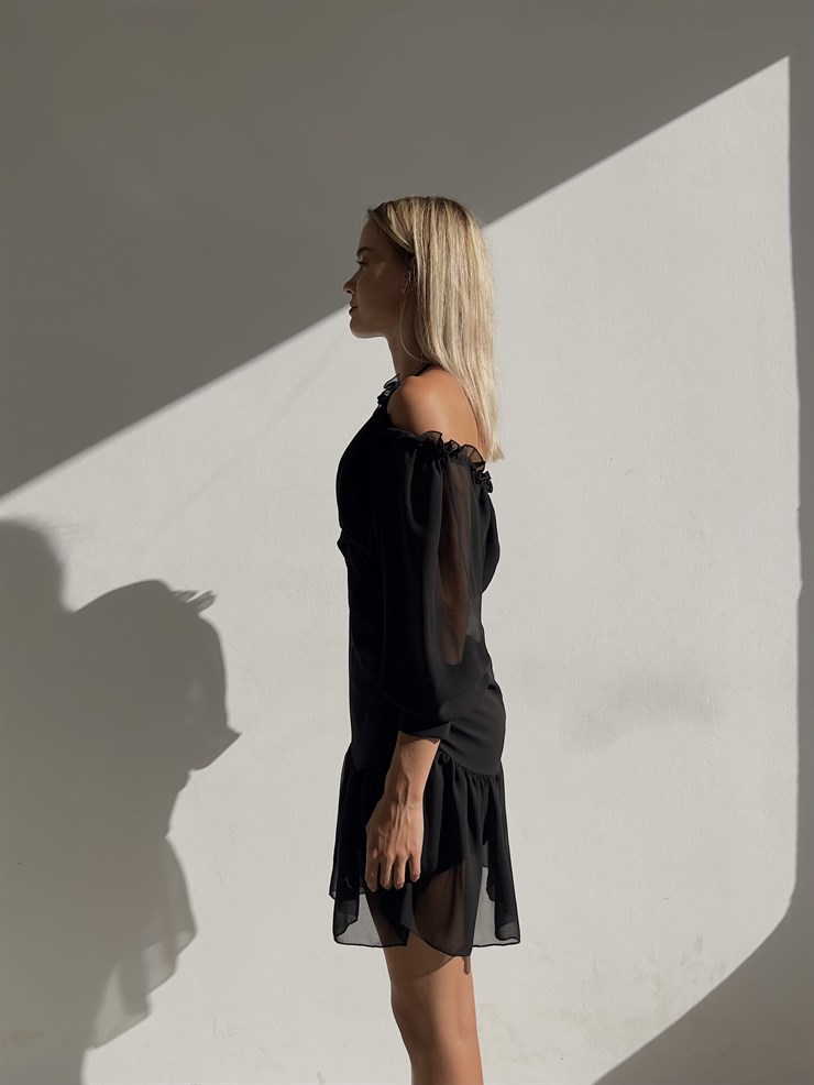 Şifon Omuz Ve Göğüs Dekolteli Volanlı Olimpio Kadın Siyah Mini Elbise 22Y000501