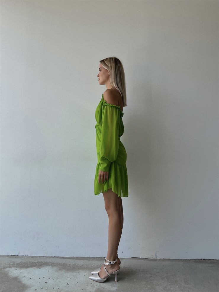 Şifon Omuz Ve Göğüs Dekolteli Volanlı Olimpio Kadın Fıstık Yeşili Mini Elbise 22Y000501