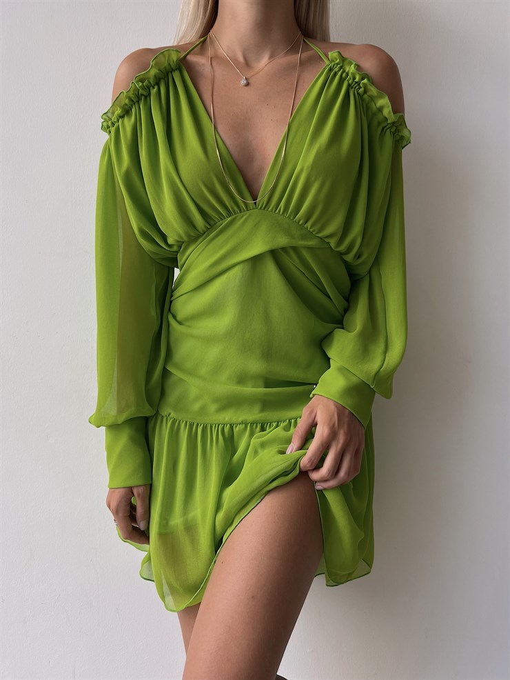 Şifon Omuz Ve Göğüs Dekolteli Volanlı Olimpio Kadın Fıstık Yeşili Mini Elbise 22Y000501