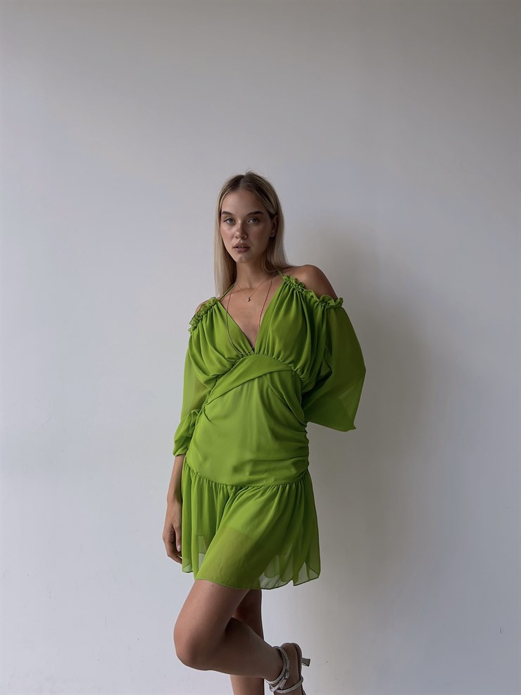 Şifon Omuz Ve Göğüs Dekolteli Volanlı Olimpio Kadın Fıstık Yeşili Mini Elbise 22Y000501