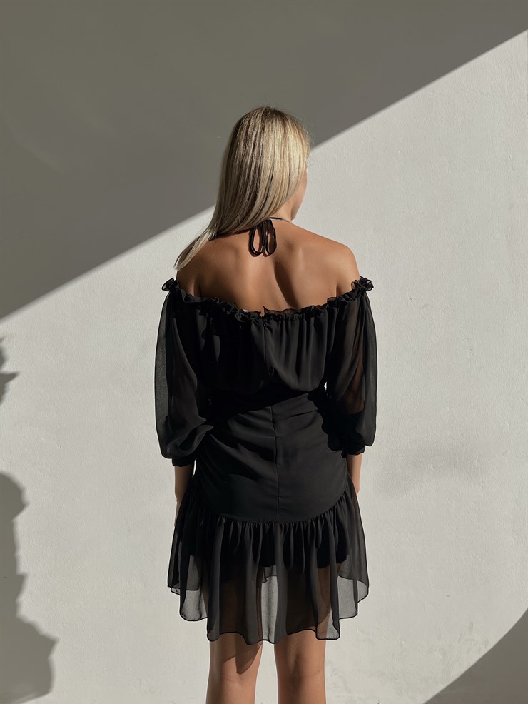 Şifon Omuz Ve Göğüs Dekolteli Volanlı Olimpio Kadın Siyah Mini Elbise 22Y000501
