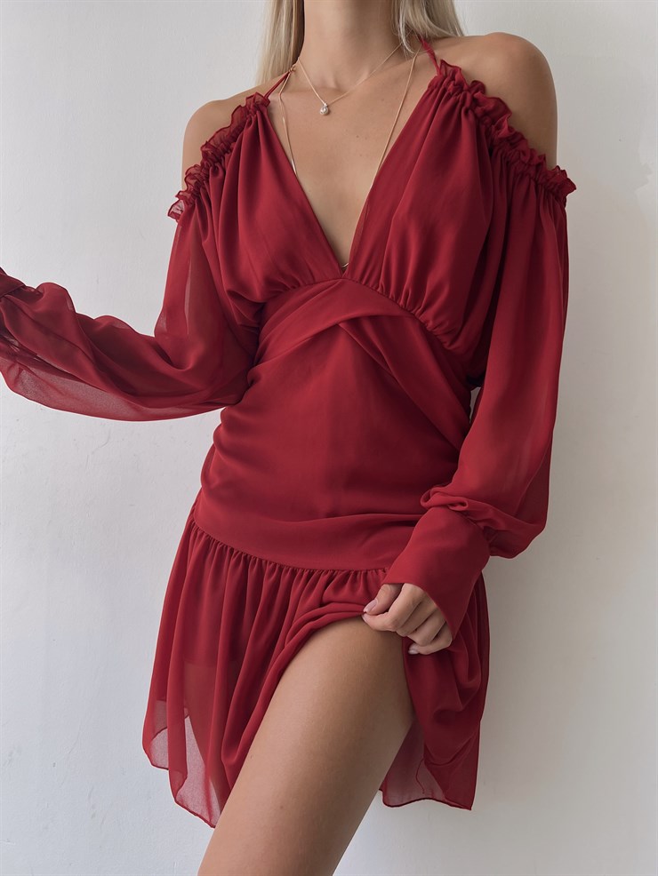 Şifon Omuz Ve Göğüs Dekolteli Volanlı Olimpio Kadın Kırmızı Mini Elbise 22Y000501