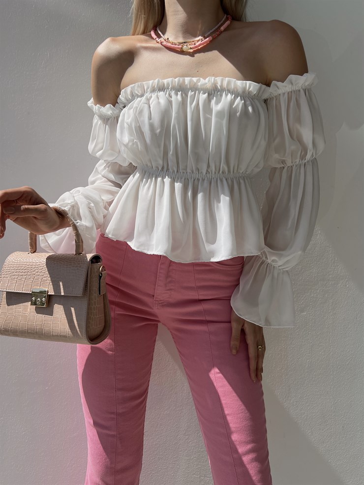 Şifon Volanlı Düşük Omuz Kadın Beyaz Crop Bluz 20Y000060