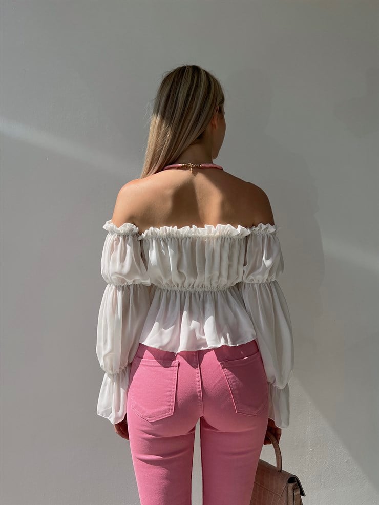 Şifon Volanlı Düşük Omuz Kadın Beyaz Crop Bluz 20Y000060