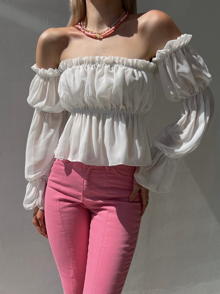 Şifon Volanlı Düşük Omuz Kadın Beyaz Crop Bluz 20Y000060
