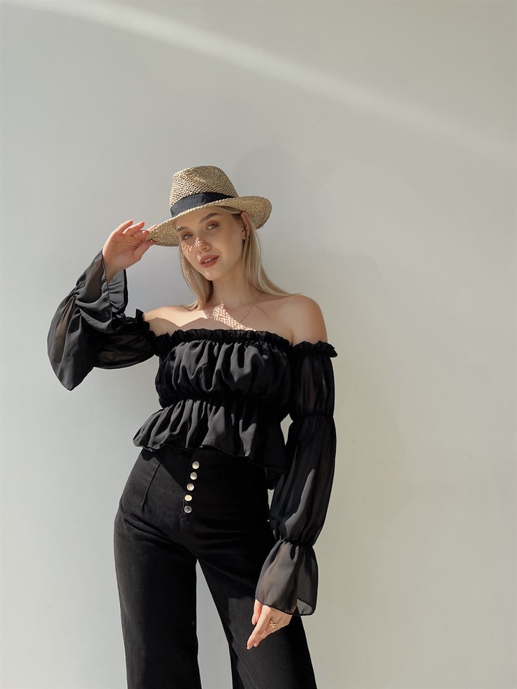 Şifon Volanlı Düşük Omuz Kadın Siyah Crop Bluz 20Y000060