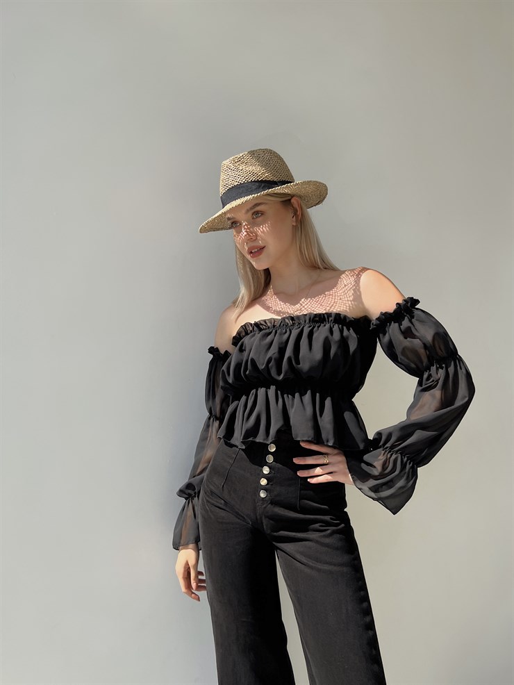 Şifon Volanlı Düşük Omuz Kadın Siyah Crop Bluz 20Y000060