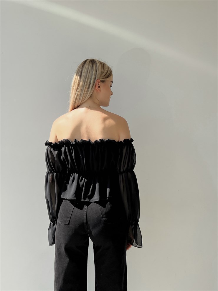 Şifon Volanlı Düşük Omuz Kadın Siyah Crop Bluz 20Y000060