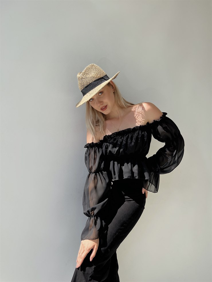 Şifon Volanlı Düşük Omuz Kadın Siyah Crop Bluz 20Y000060