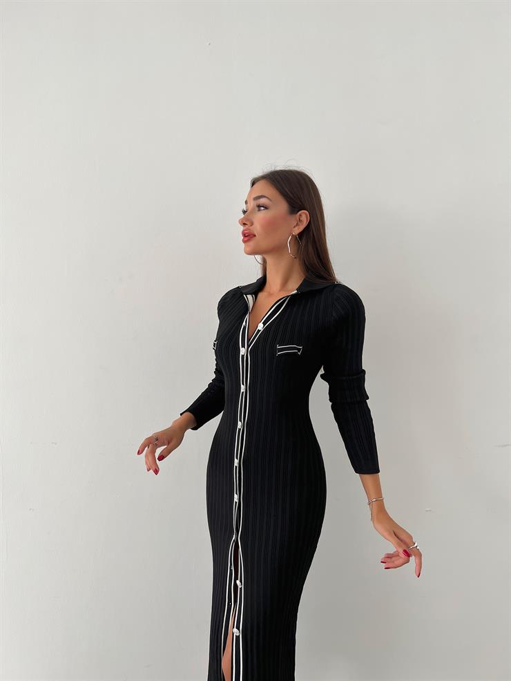 Gömlek Yaka Önü Düğme Kapamalı Sildane Kadın Siyah Elbise 24k000059