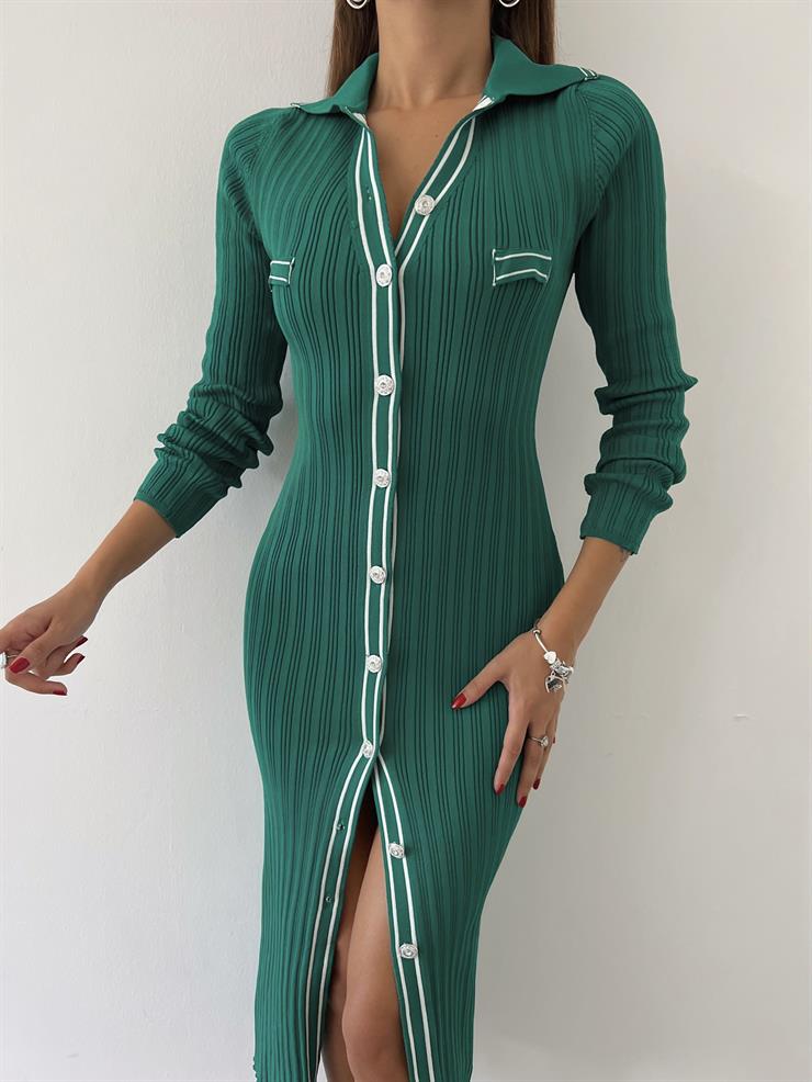 Gömlek Yaka Önü Düğme Kapamalı Sildane Kadın Yeşil Elbise 24k000059