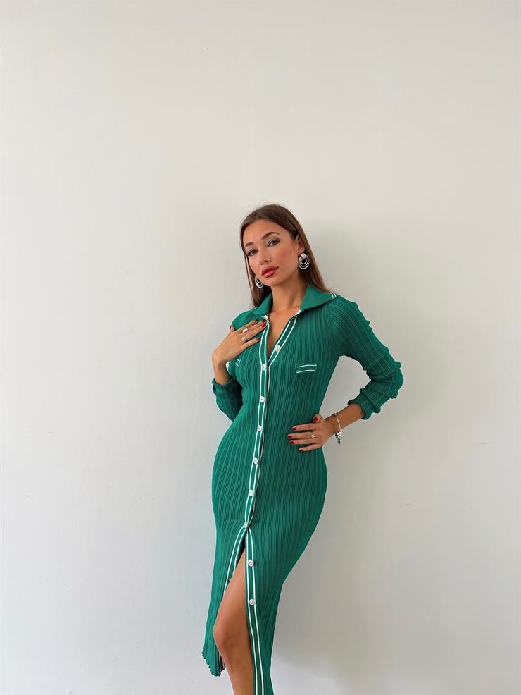 Gömlek Yaka Önü Düğme Kapamalı Sildane Kadın Yeşil Elbise 24k000059