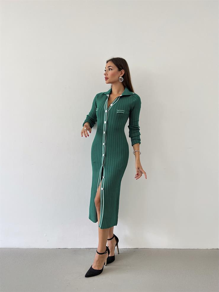 Gömlek Yaka Önü Düğme Kapamalı Sildane Kadın Yeşil Elbise 24k000059