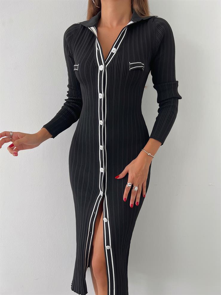 Gömlek Yaka Önü Düğme Kapamalı Sildane Kadın Siyah Elbise 24k000059